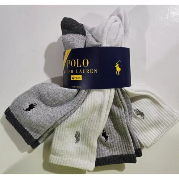 Polo Ralph Lauren Mens Crew Socks Gray and White 4 pack NWT - Picture 1 of 6